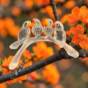 Swarovski Faceted Clear Crystal 4 Baby Lovebirds Fire Opal Beaks Frosted Branch